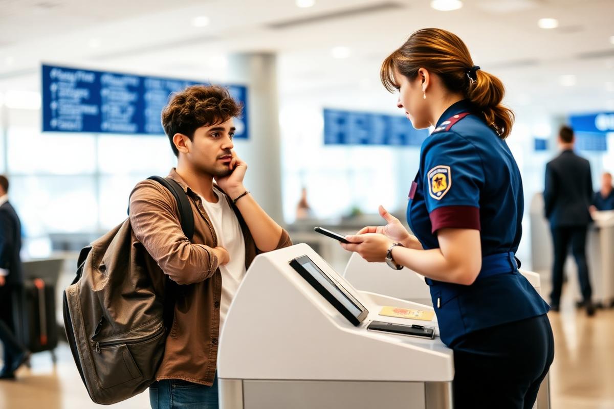 Traveller being refused boarding at an airline check-in desk